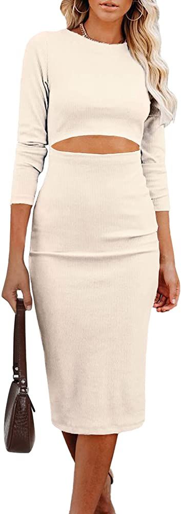 PRETTYGARDEN Women's Long Sleeve Midi Bodycon Dresses Casual Crewneck Cut Out Solid Color Fitted ... | Amazon (US)