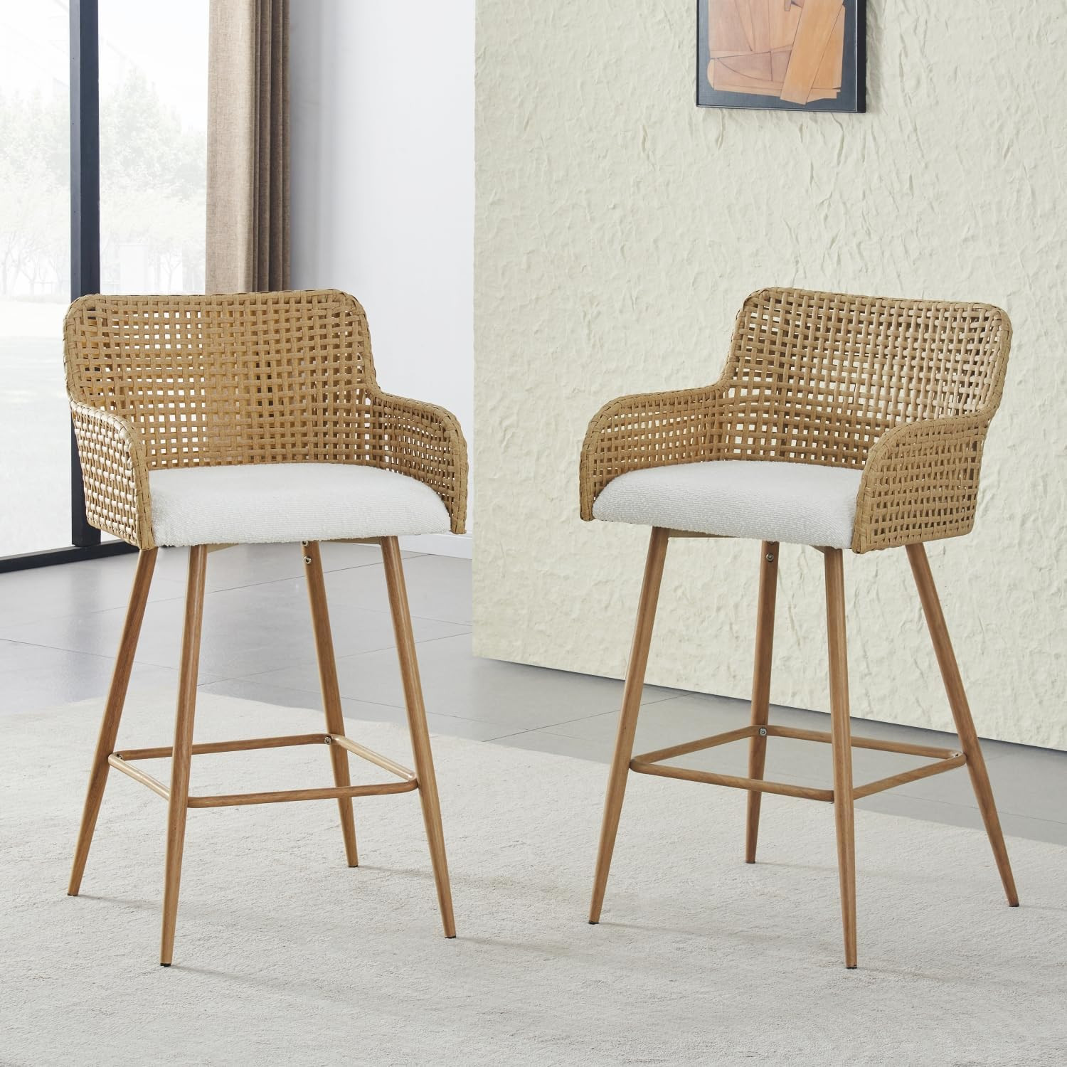 Rattan Bar Stools Set of 2,Modern Boucle Upholstered Counter Height Stools,Kitchen Island Barstoo... | Amazon (US)