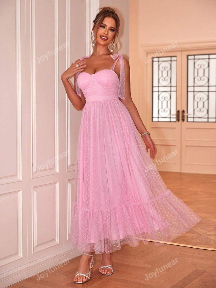 Joyfunear Women's Elegant Solid Color Spaghetti Strap Mesh Dress | SHEIN