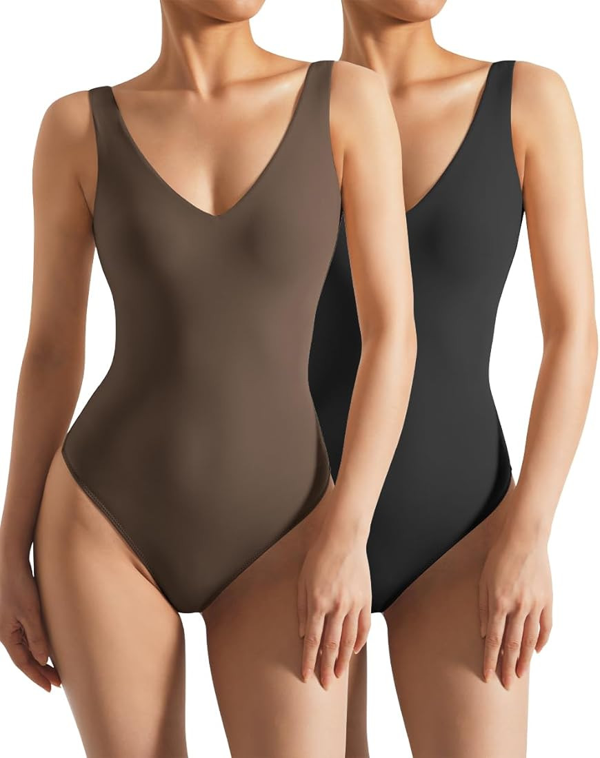 SUUKSESS Women 2 Piece Thong Bodysuit Sexy V Neck Backless Sleeveless Tank Tops | Amazon (US)