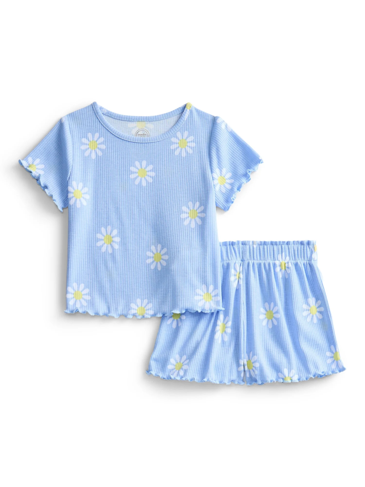 Wonder Nation Toddler Girl's Ribbed Print Tee and Shorts, 2-Piece Pajama Set, Sizes 12M-5T | Walmart (US)
