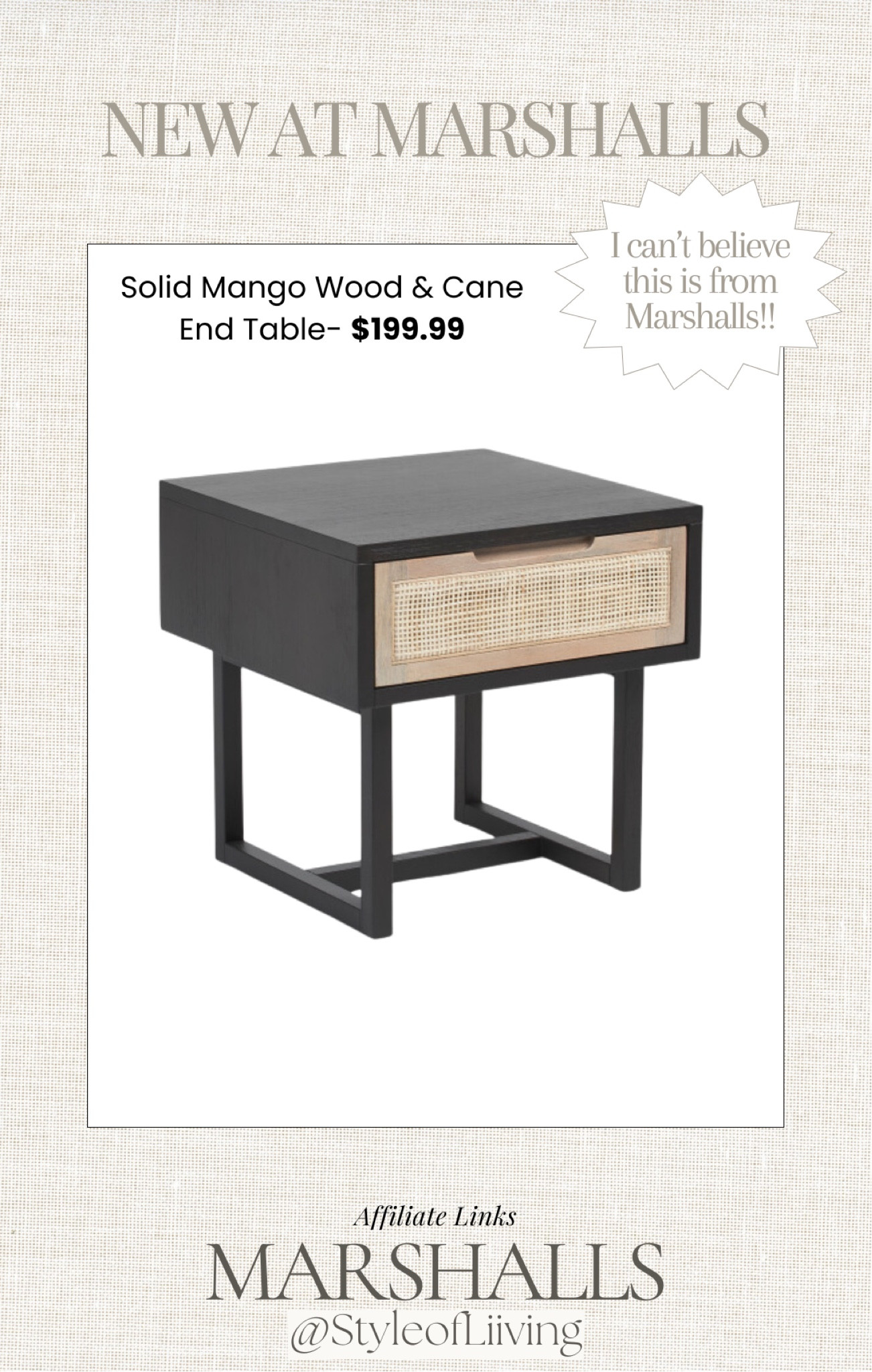 Marshalls home! Solid mango wood and cane end table $199.99! Affordable furniture. Bedroom, living room furniture. Black and natural woven detail, cut out handle, 1 drawer, ebony finish. #marshallsfinds

#LTKStyleTip #LTKHome #LTKSaleAlert