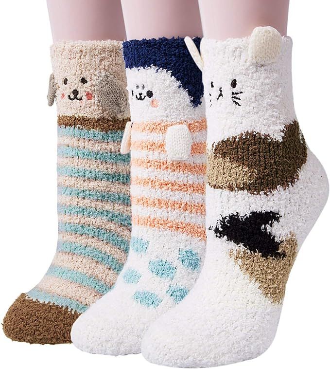 3 Pairs Womens Fuzzy Socks Winter Warm Fluffy Soft Slipper Home Sleeping Cute Animal Socks | Amazon (US)