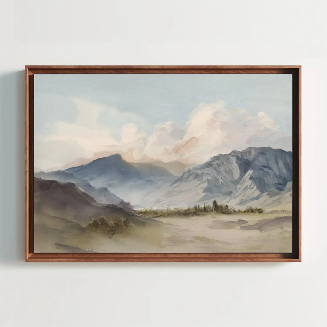 Soft Mountain Valley Wall Art Canvas, Muted Watercolor Landscape in Blue Gray - Etsy | Etsy (US)