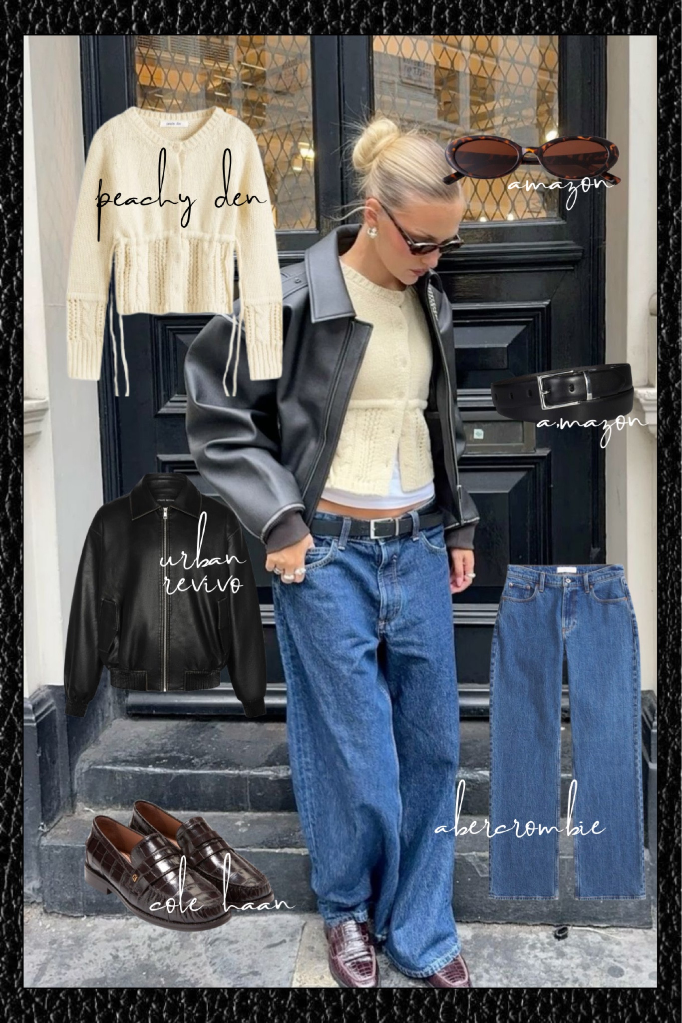 fall/winter outfit inspo: shop the look for less. black leather bomber jacket, yellow cardigan, low rise jeans, dark wash jeans, burgundy loafers, brown loaferss

#LTKStyleTip #LTKShoeCrush #LTKSeasonal