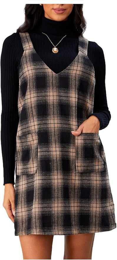 Milumia Women's Plaid V Neck Pinafore Overall Short Dress Losse Mini Jumper Dress with Pockets | Amazon (US)