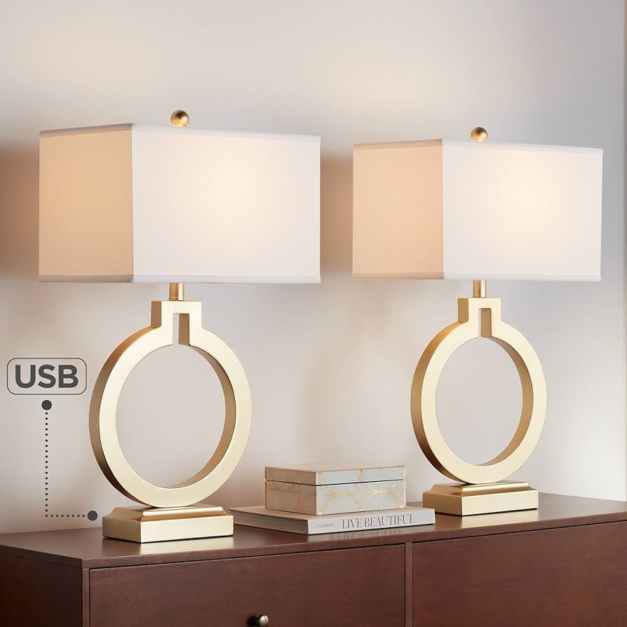 360 Lighting Modern Table Lamps 28 1/2" Tall Set of 2 with USB Charging Port Brushed Gold Open Ri... | Amazon (US)
