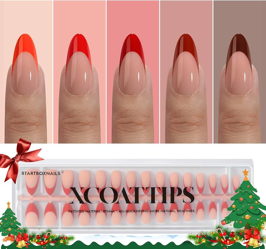 BTArtboxnails XCOATTIPS French Tip Press on Nails - Red Press On Nails Almond, Christmas Medium F... | Amazon (US)