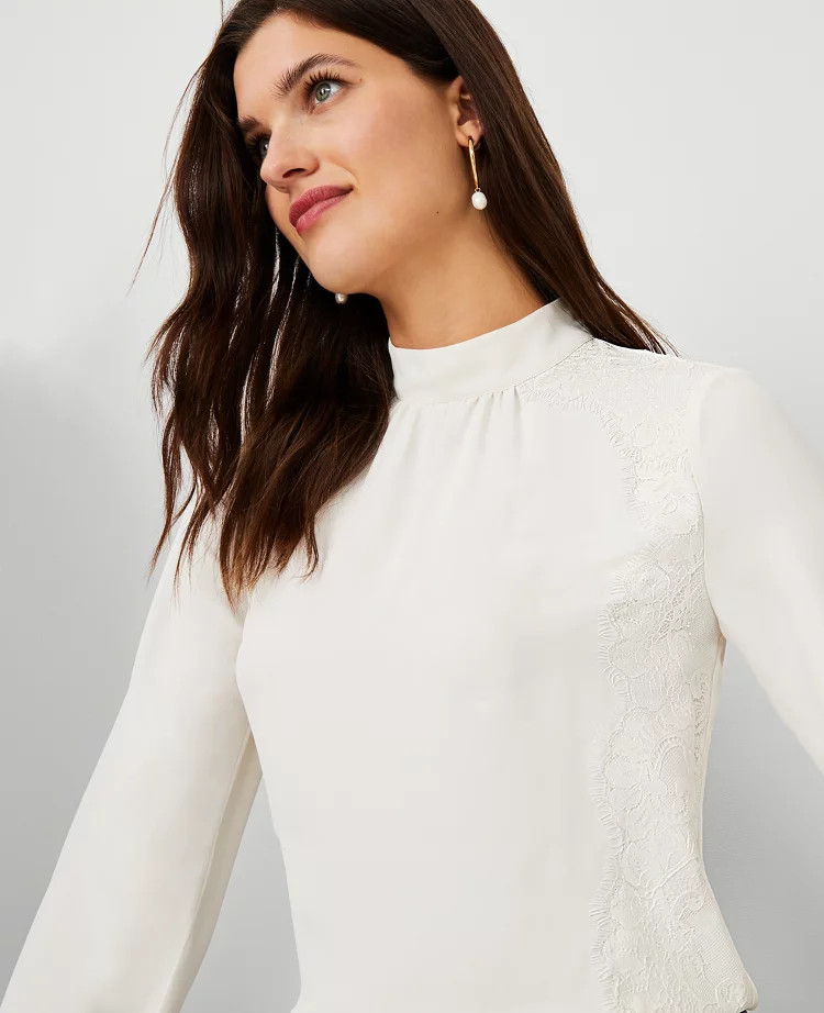 Lace Trim Mock Neck Blouse | Ann Taylor (US)