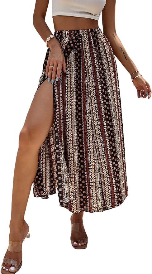 Verdusa Women's High Split Tribal Print Striped Boho Elastic Waist Long Skirt | Amazon (US)