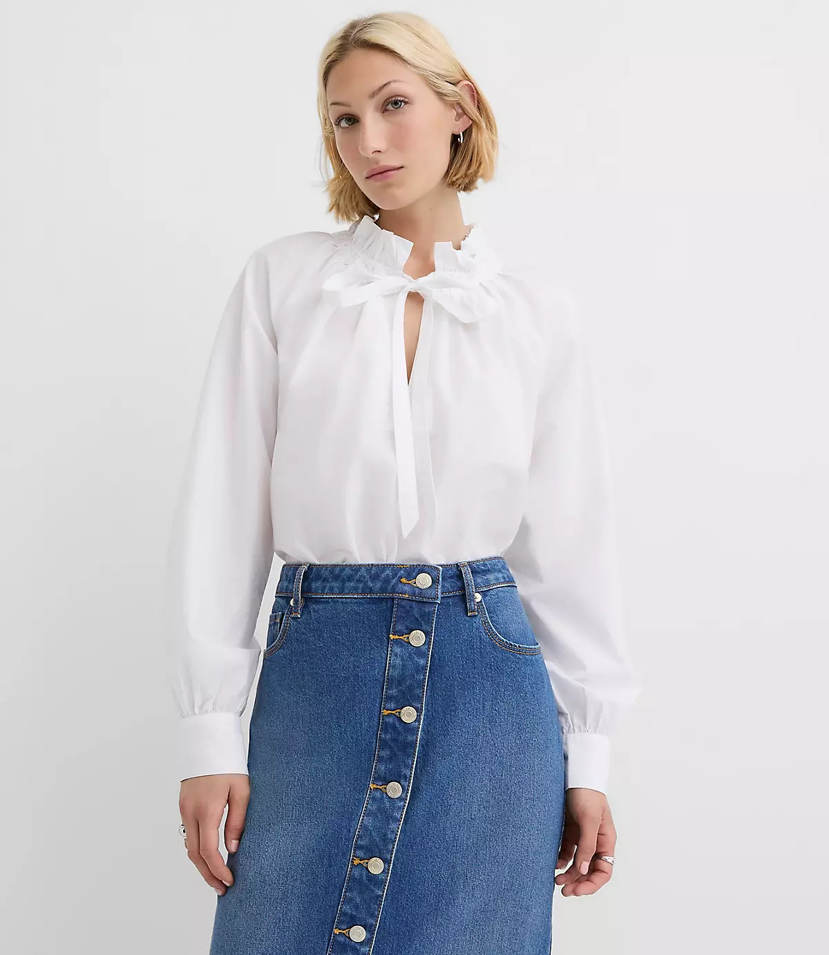 Poplin Ruffle Neck Bow Blouse | LOFT