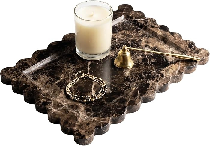 Large Dark Brown Marble Vanity Tray, Scalloped Bathroom Counter Tray | Amazon (US)