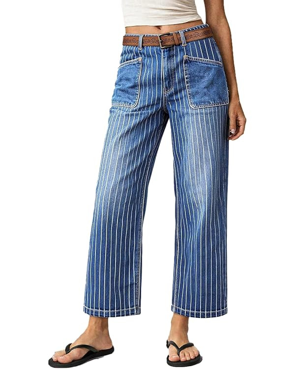 Flamingals Women's Wide Leg Crop Jeans Mid Rise Striped Patch Pocket High Stretch Denim Pants | Amazon (US)