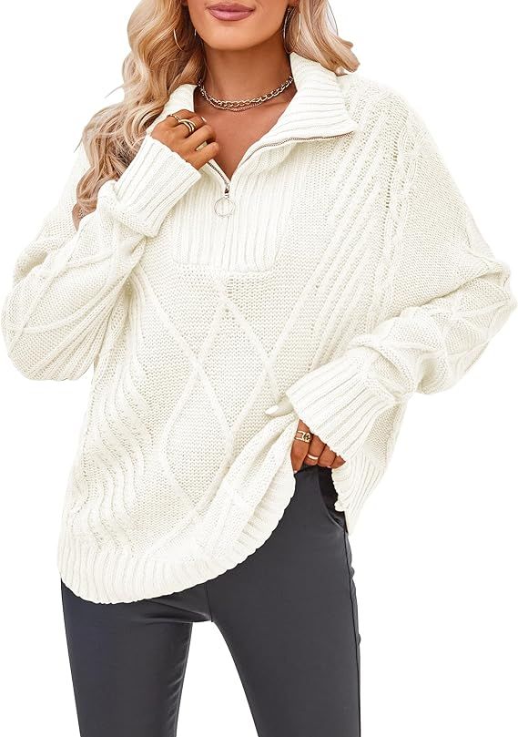 MIROL Women's 1/4 Zipper Pullover Sweater Long Sleeve Cable Knit Lapel Collar Oversized Sweatshir... | Amazon (US)