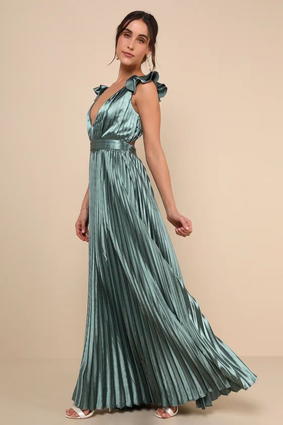 Exceptional Drama Sage Green Satin Lace-Up Pleated Maxi Dress | Lulus