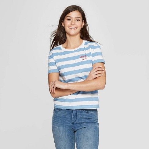 Women's Striped Short Sleeve Crewneck Stay Chic T-Shirt - Fifth Sun (Juniors') - White/Blue | Target