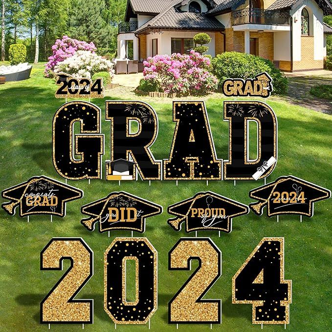 Graduation Yard Sign, 14 PCS Black Gold Large Congrats Grad Lawn Stakes, Class of 2024 Yard Signs... | Amazon (US)