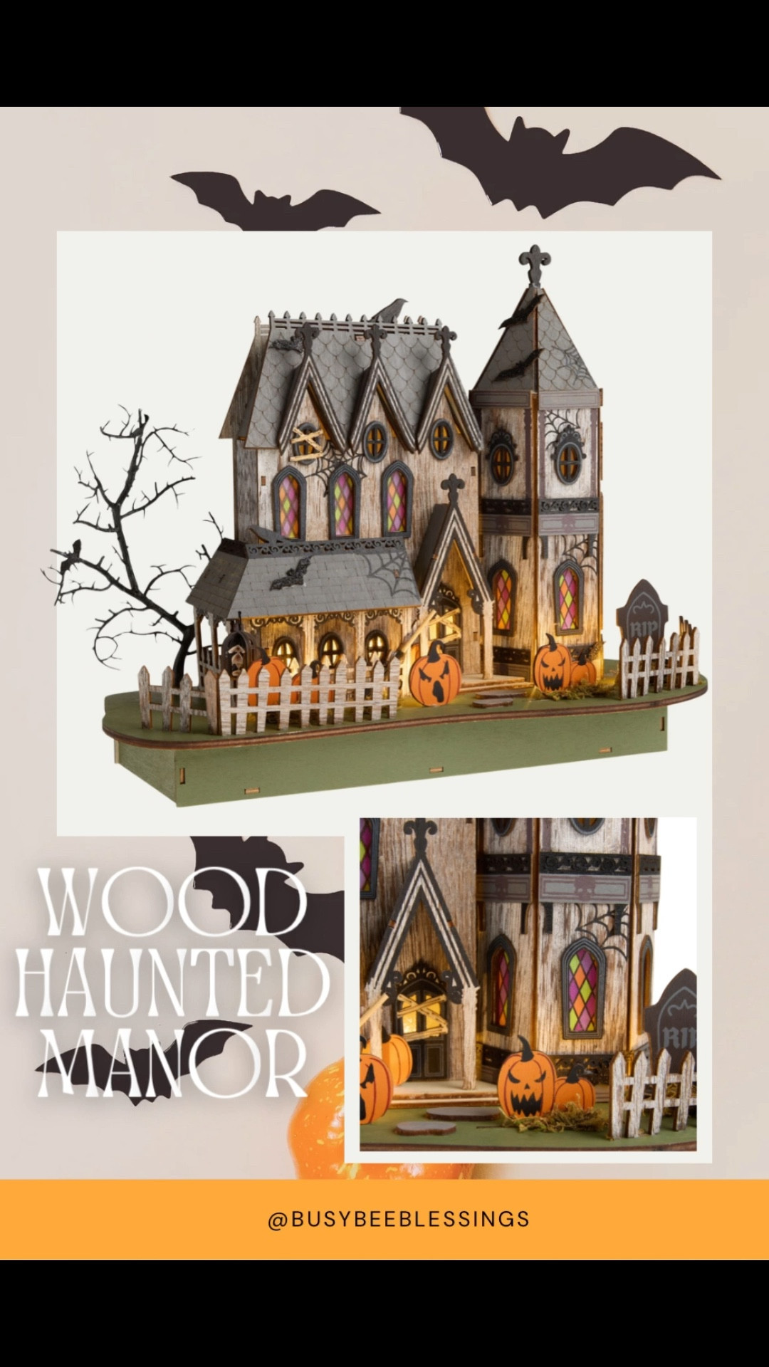 Bring a little haunted magic home with this Laser-Cut Wood Haunted Manor. This intricate Victorian style mansion comes to life with spooky details of bats and spiderwebs, jack-o’-lanterns and gravestones. Handcrafted of precision laser-cut wood, it features stained-glass-style windows, ornate turrets, and a charmingly eerie picket fence. When lit, the warm LED glow transforms it into a ghostly centerpiece, perfect for mantels, consoles, or tabletops. 

#LTKFindsUnder50 #LTKSeasonal #LTKHome