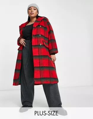 QED London Plus double breasted longline coat in red check | ASOS (Global)