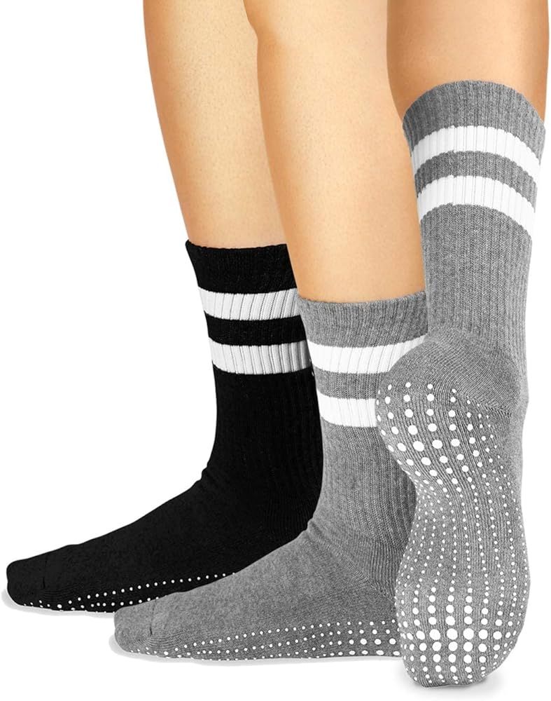 LA Active Grip Socks - 2 Pairs - Yoga Pilates Barre Ballet Non Slip Crew Hospital (Jogger Grey an... | Amazon (US)