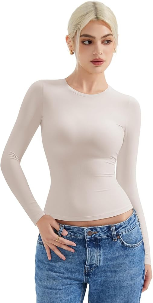 SUUKSESS Women Double Lined Fitted Basic T Shirts Crew Neck Long Sleeve Crop Top | Amazon (US)