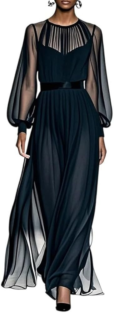 UOOZEE Women's Pleated Sheer Mesh A line Maxi Dresses Long Puff Sleeve Party Cocktail Wedding Gue... | Amazon (US)