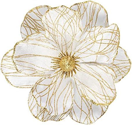 KI Store Christmas Poinsettia Artificial Magnolia Flower Ornaments White and Gold Floral Picks St... | Amazon (US)