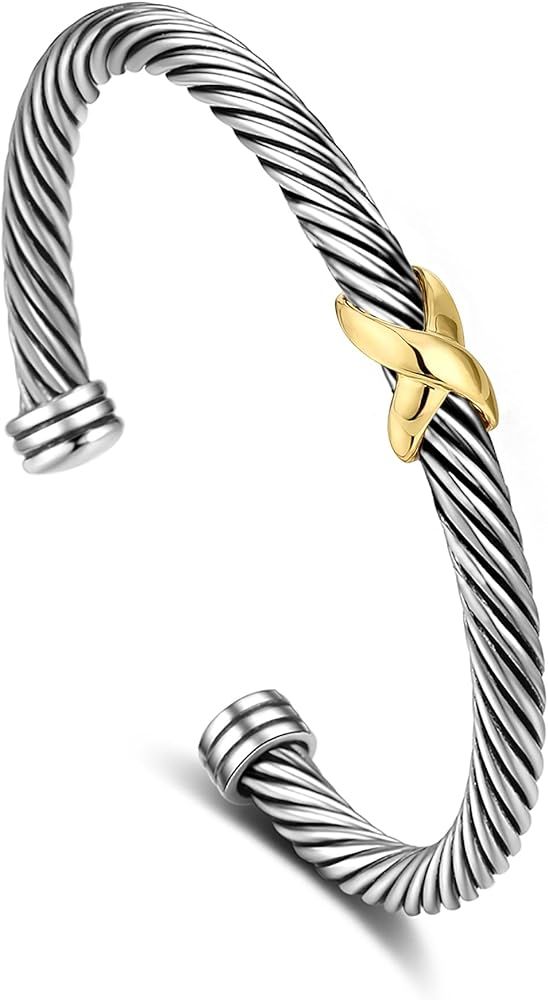 Cuff Bracelet for Women Cable Wire Bracelet - Two Tone Twisted Bangle Bracelet - Silver Cuff Knot... | Amazon (US)