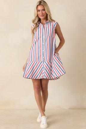 Parade Day Feelings Red & Blue Stripe Cotton Mini Dress | Red Dress
