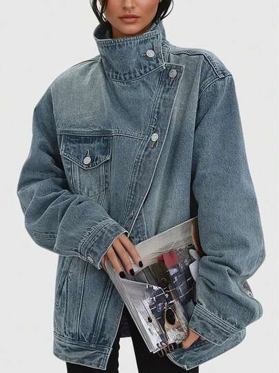 Women's Vintage Washed High Neck Asymmetric Button Loose Denim Jacket, Street Style Fashion Versa... | SHEIN