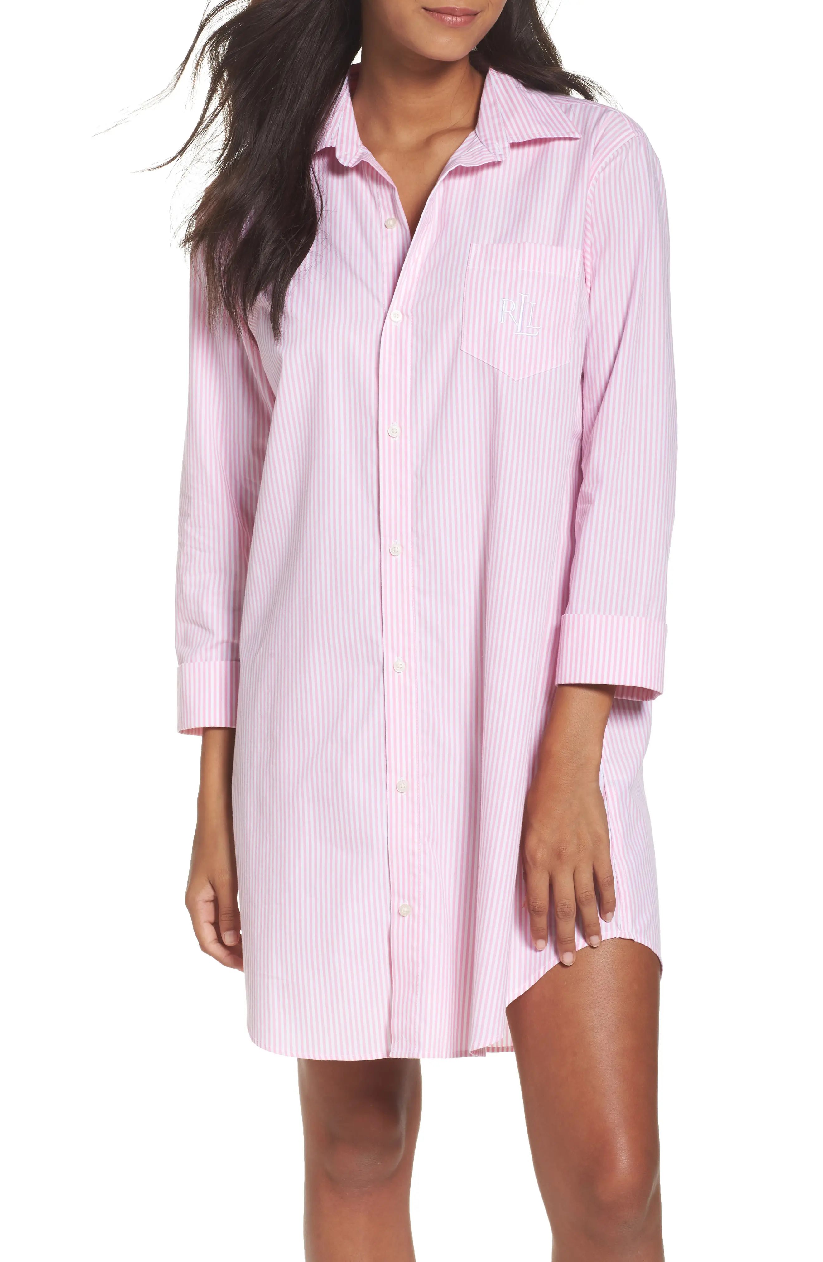 Lauren Ralph Lauren Cotton Poplin Sleep Shirt in Stripe Lagoon Pink/White at Nordstrom, Size X-Small | Nordstrom