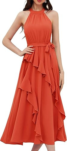 GRACE KARIN Women's 2024 Summer Sleeveless Halter Neck Ruffle Hem Split Flowy Swing Long Midi Dre... | Amazon (US)