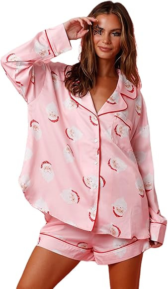 Women Christmas Pajamas Shorts Set Santa Claus Pjs Long Sleeve Button Down Shirt+Pants 2 Piece Xm... | Amazon (US)