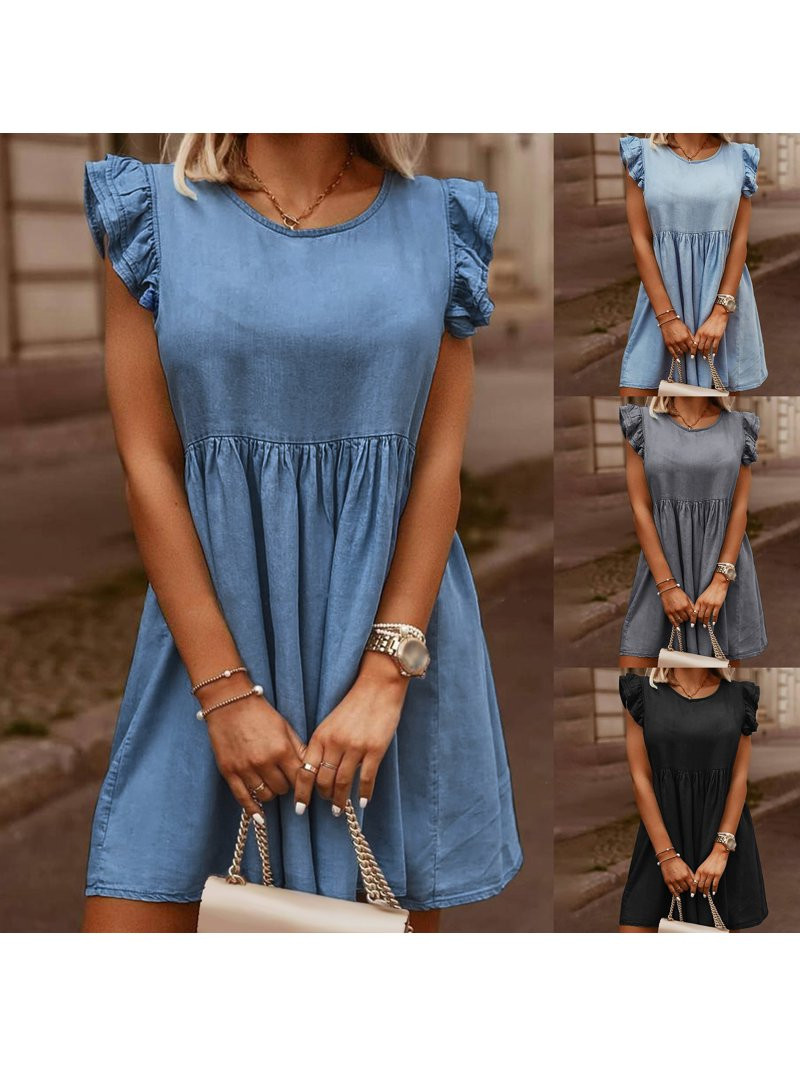 Porfeet Mini Dress Ruffle Sleeve Solid Color Women Loose Round Neck Denim Dress for Party | Walmart (US)