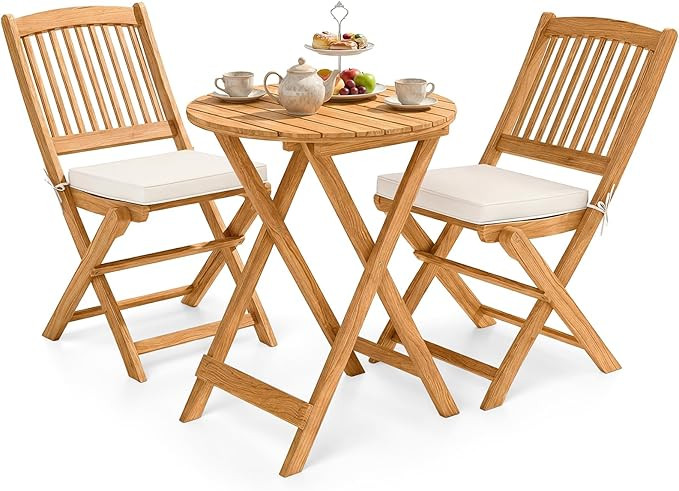 Giantex 3Pcs Patio Bistro Set, Wood Folding Table Set, 2 Cushioned Chairs for Garden Yard, Outdoo... | Amazon (US)