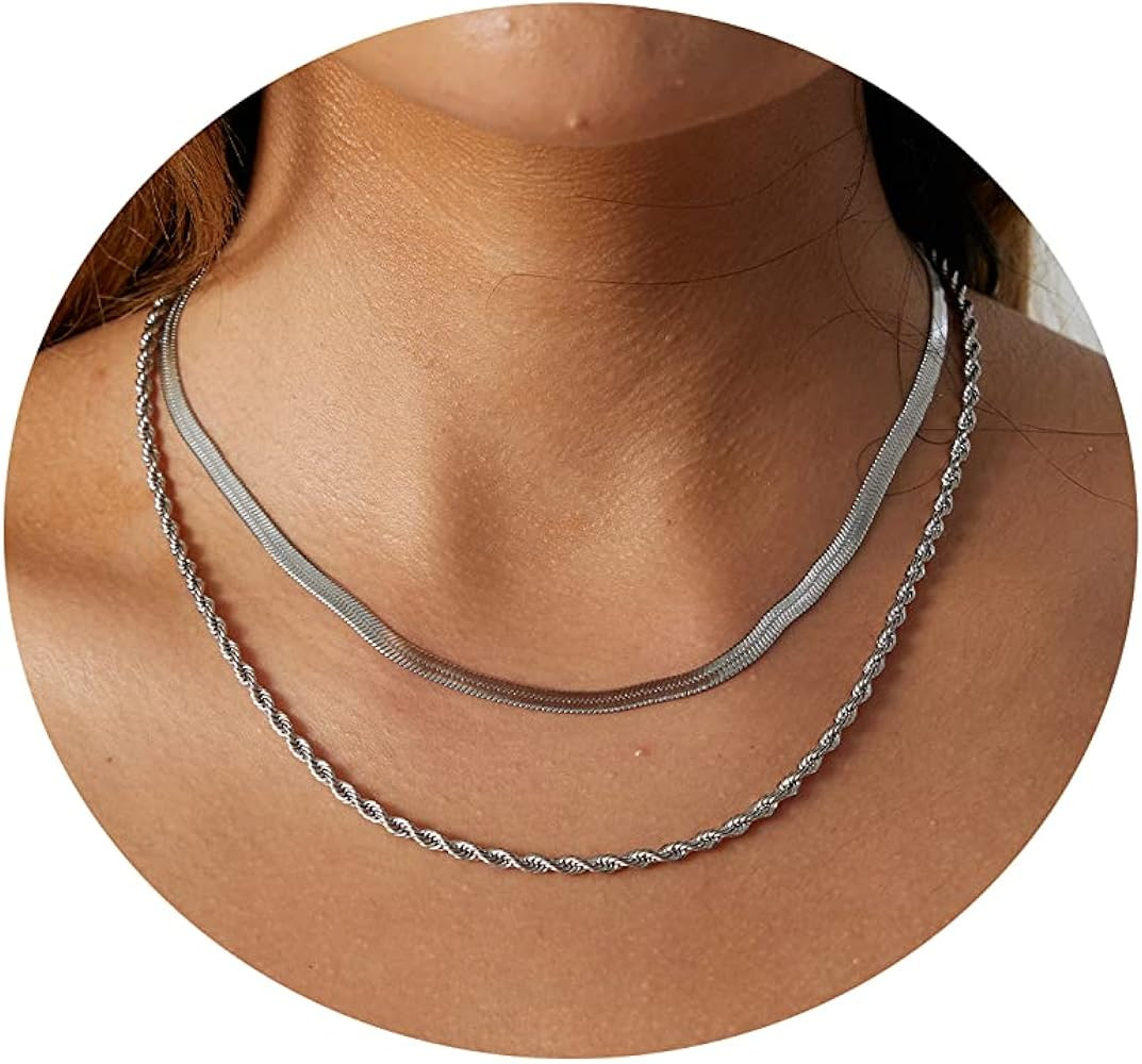 Tasiso 14K Gold Plated Herringbone Choker Necklaces Double Layered Snake Chain Necklace Trible La... | Amazon (CA)