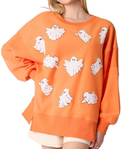 Asadovce Ghost Graphic Halloween Sweatshirt for Women Sequin Pumpkin Pattern Long Sleeve Shirts Oversized Tops(spooky Orange,M) | Amazon (US)