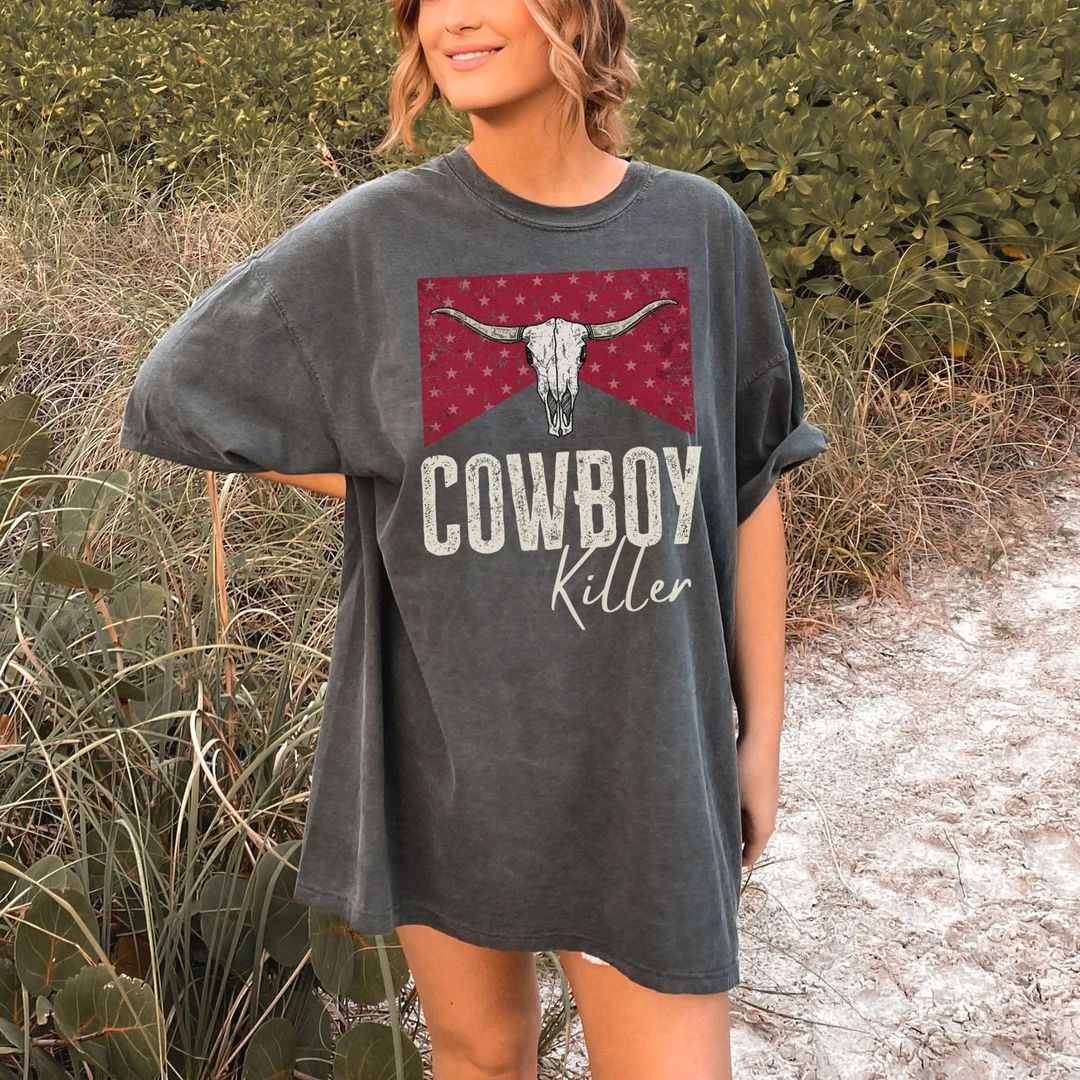 Comfort Colors Cowboy Killer Tshirt Western Graphic Tee Oversized Western Tshirt Dress Cow Skull ... | Etsy (US)