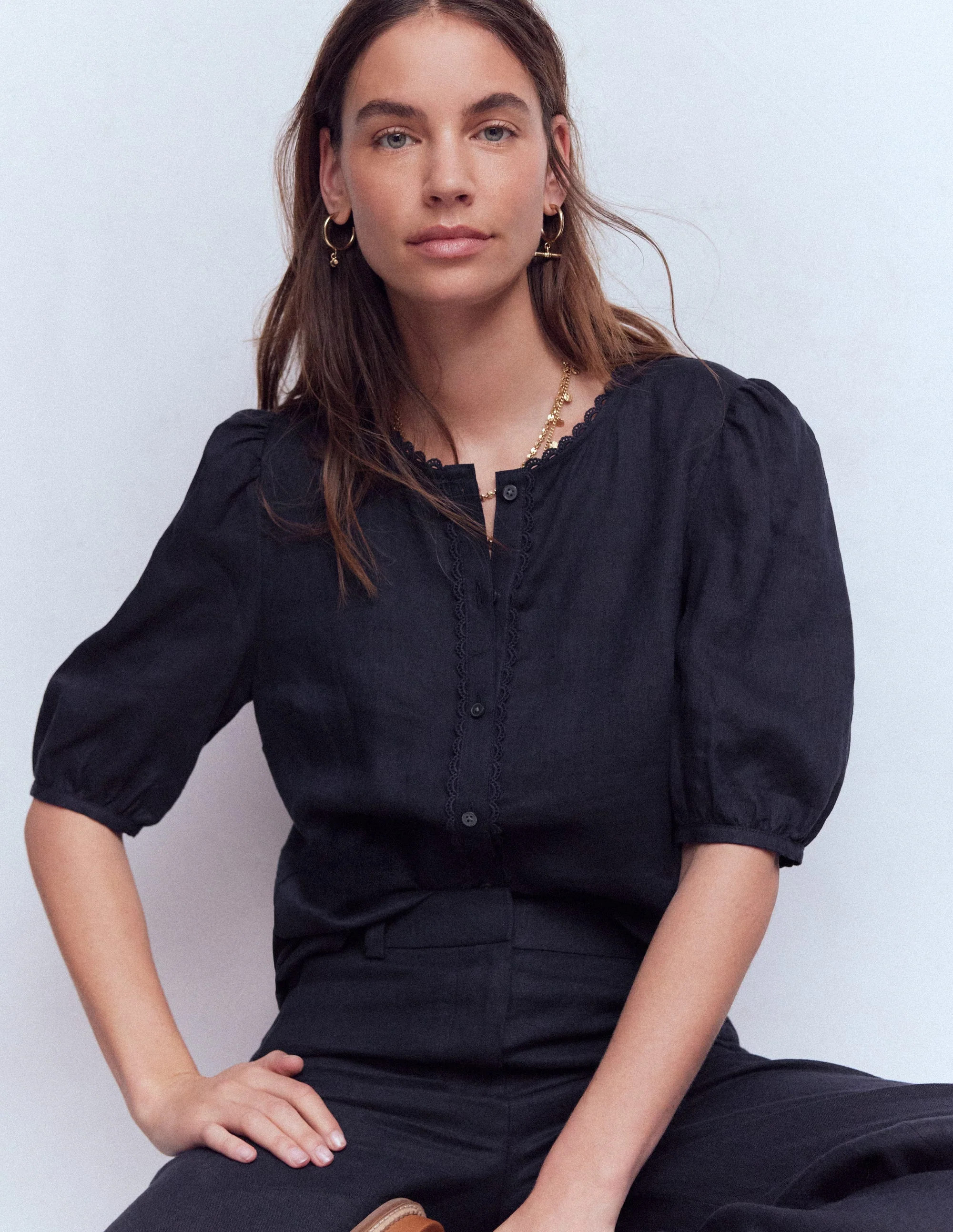 Leah Short Sleeve Linen Top-Navy | Boden (US)