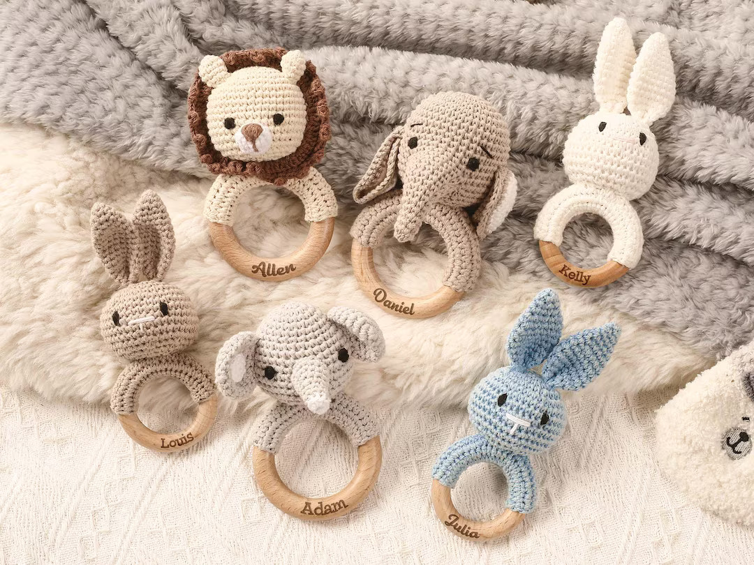 Personalized Crochet Rattle, Custom Animal Rattle, Newborn Baby Gift, Baby Shower Gift, Wooden Ra... | Etsy (US)