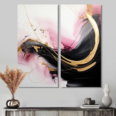 Abstract Gold Wave Pink And Black I - Large Abstract Painting Wall Art | Wayfair North America