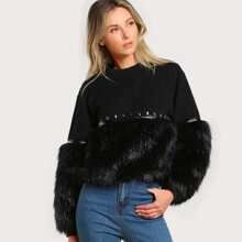 Gem Beading Faux Fur Panel Sweatshirt | SHEIN