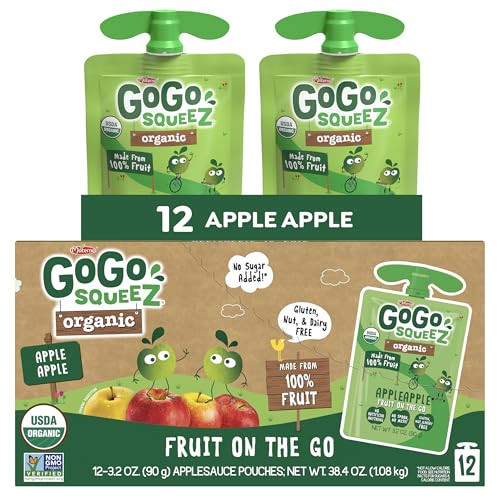 GoGo squeeZ Organic Applesauce and Fruit Puree, Apple Apple, 3.2 oz (Pack of 12), Unsweetened Organic Fruit Snacks for Kids, Gluten Free, Nut Free and Dairy Free, Recloseable Cap, BPA Free Pouches | Amazon (US)