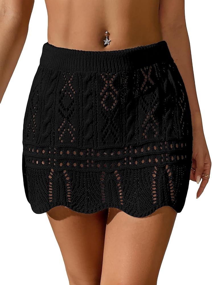 Verdusa Women's Hollow Out Knit Scalloped Elastic Waist Swimsuit Beach Cover Up Mini Skirt | Amazon (US)