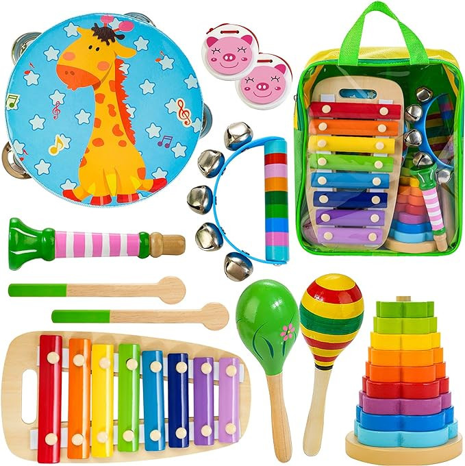 Kids Musical Instruments, Wooden Musical Toys Set for Toddlers Age 2-4 with Xylophone Maracas Tam... | Amazon (US)