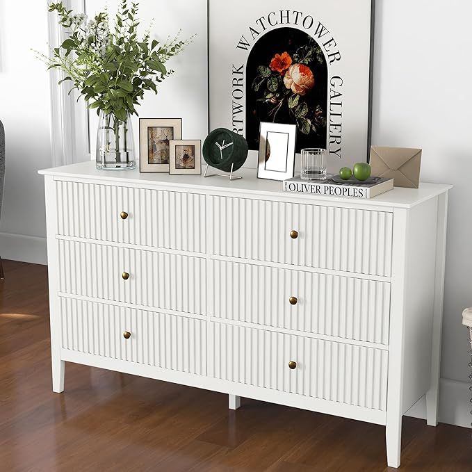 White 6 Drawer Dresser for Bedroom, Modern Double Chest of Drawers 47" Wide, Wood Drawers Storage... | Amazon (US)