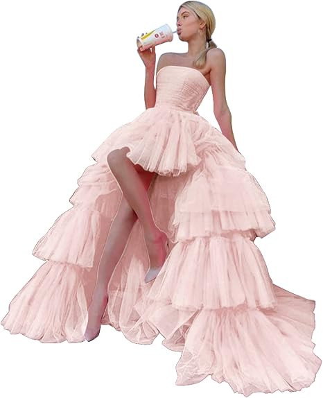 High Low Tulle Prom Dress for Women Long Strapless Layered Formal Party Dresses with Train | Amazon (US)