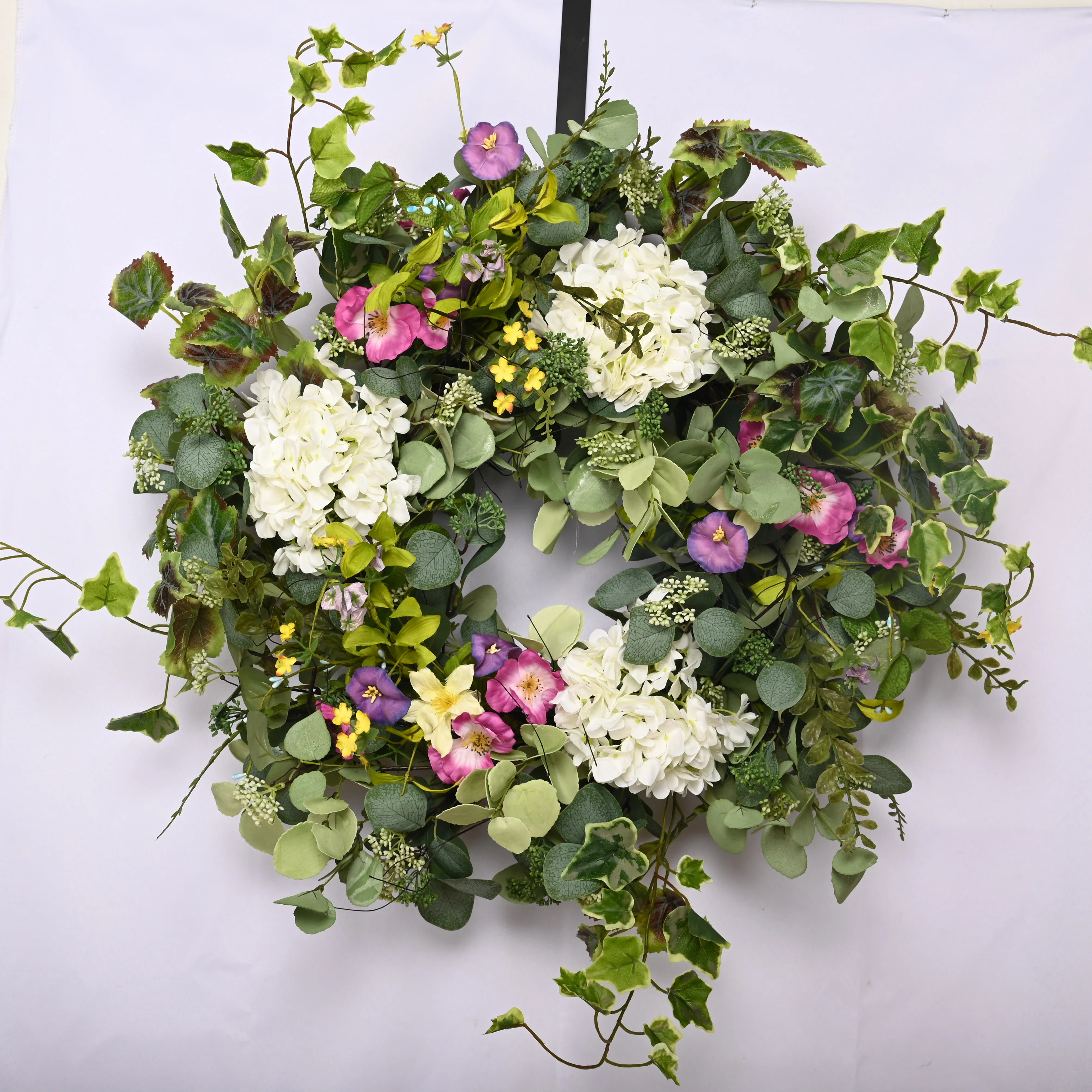 26" Artificial Faux Eucalyptus Hydrangea Morning Glory Front Door Wreath | Wayfair North America