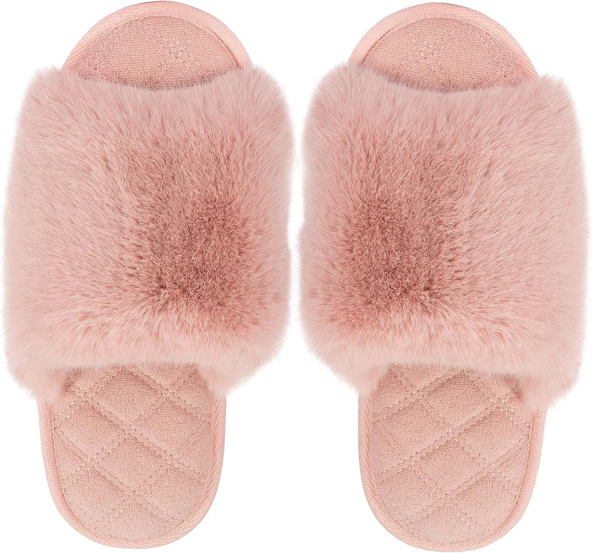 Women's Fuzzy Fur Slippers Soft Comfy Open Toe Slide Slippers Cozy Memory Foam Fluffy House Slipp... | Amazon (US)