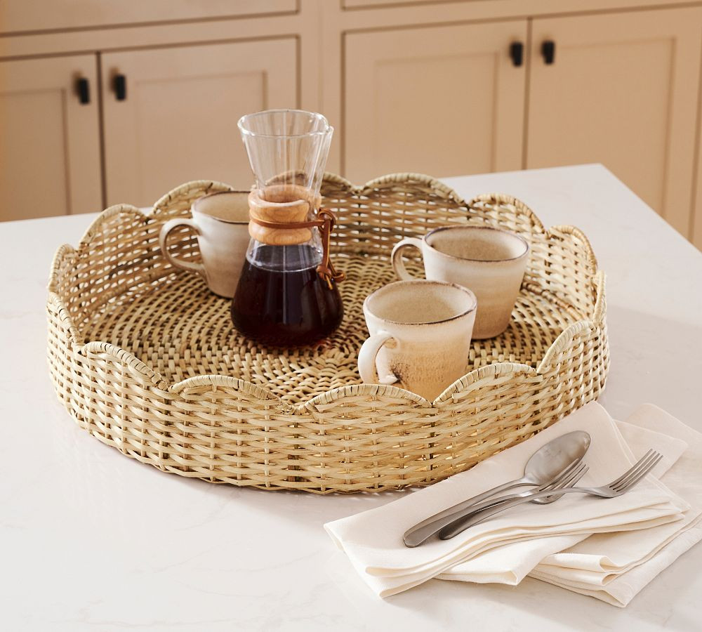Beau Handwoven Scallop Rattan Tray | Pottery Barn (US)